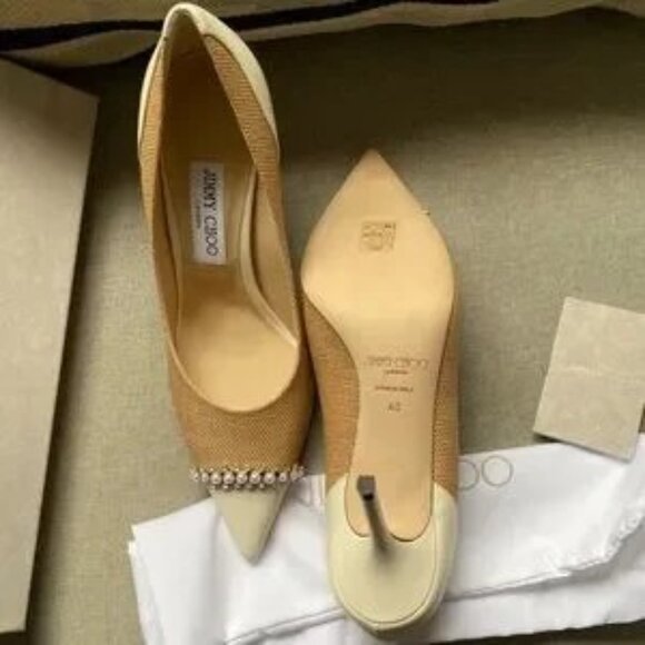 Jimmy Choo Love 85 WRR natural raffia crystal pearls latte pumps Size 40 NWT - Picture 8 of 14